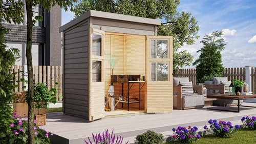 CHILLROI® Karibu Gartenhaus Kano in 4 Größen optional mit Anbaudach, nordische Fichte, 14 mm Wandstärke, Pultdach mit Dachplatte, vorvergraut, lichtdurchflutet & wetterfest (Größe S)