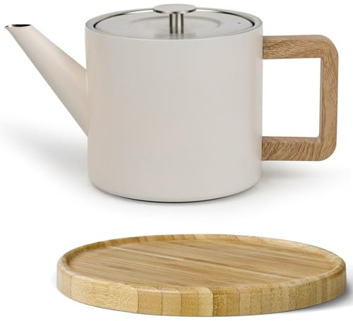 Bredemeijer Edelstahl Teekanne 1.1 Liter - kleine Edelstahlkanne creme-weiß doppelwandig mit Teefilter & braunem Holzuntersetzer