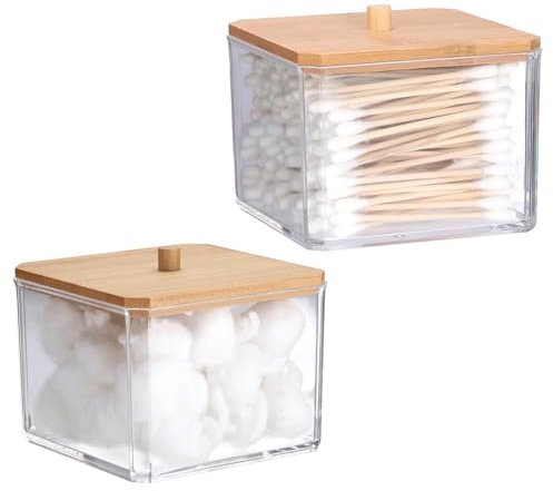 SUMTree 2 PCS Square Qtip Cotton Ball Holders Acrylic Qtip Dispenser with Bamboo Lid, Floss Swab Dispenser, Bathroom Storage Jar Canister, Plastic Apothecary Jar for Kitchen Bathroom Dressing Table