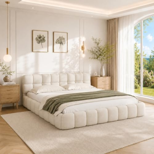 Fofetbfo Polsterbett 160x200, Doppelbett mit Bettkasten, Bubble Bett Jugendbett mit Lattenrost und Gepolstertes Kopfteil, Flachbett Gästebett, Leinen Beige,ohne Matratze (Beige, 160x200 cm)