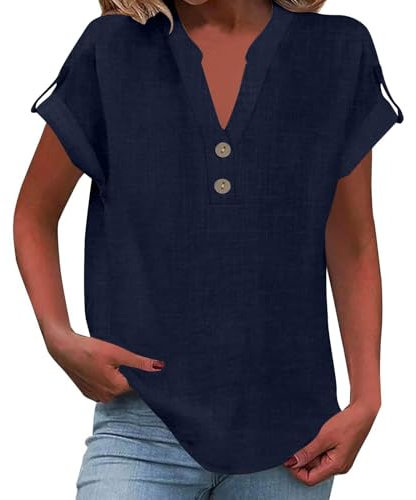 Tunique Femme Lin Et Élégant Manche Courte uni Sport Ete Chemisier Chic Et Ventes Flash Travail Liquette 2025 Col V Bleu Marine Haut Chic Tee Shirt Femme Sport Bleu Marine L