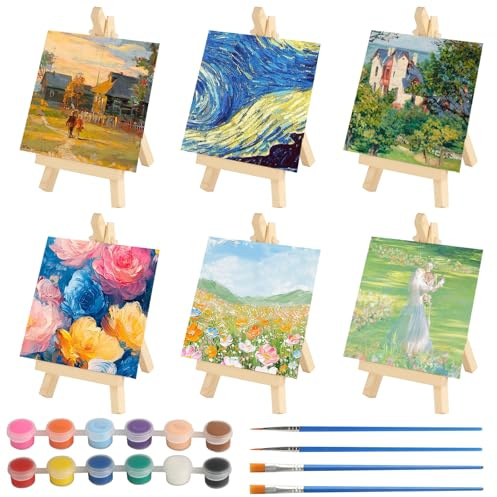 ErShiPing 6 PackMini Leinwand mit Mini Staffelei,(10 x 10 cm) | Mini Leinwände zum BemalenMini Leinwand zum Bemalen Set für Acrylfarbe Aquarell,inkl.6 Holz Staffeleien,4 Pinsel,2 Farbsets