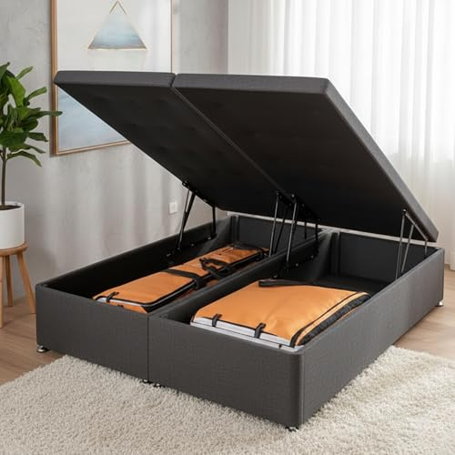 HB-1 Ottoman Storage Bed - Luxury Divan King Size Bed Frame- Soft Plush Velvet Gas Lift Up Divan Bed Base, Ottoman Frame with Solid Base and End Lift Bed (Grey Plush, King Size 5F)