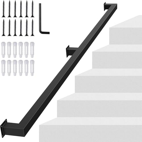 NArra 180CM/6FT Square Tube Handrail,Wall Mount Staircase Rail,200kg Load | Modern Handrail Pipe Stair Industrial Stair Rail For Indoor Outdoor Steps,Carbon Steel Non-Slip Grab Handle For Loft Porch