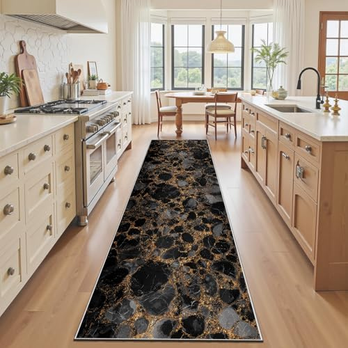 Marmoriert Läufer Flur 80x200 cm, Schwarz Gold Marmor Optik Küchenläufer | Flurteppich, Luxus Modern Küchenteppich Waschbar Rutschfest, Bettvorleger fur Wohnzimmer Schlafzimmer Vorzimmer