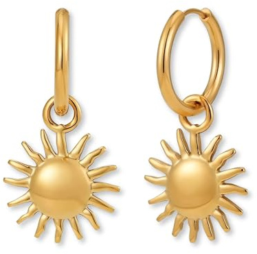 Creolen mit Anhänger | Ohrringe hängend mit Sonne aus 316L Edelstahl in 18K Gold, Roségold oder Silber | Wasserfeste Damenohrringe (16 mm)