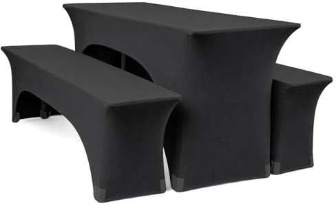 Biertischhussen Elastisch Set 3tlg – Premium Festzeltgarnitur Hussen Stretch – 2x Bierbankhussen & 1x Biertischhusse – Faltenfrei & Universal-Passform für Garten, Party, Hochzeit – Schwarz(220×70×70cm