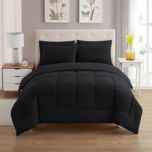 Sweet Home Collection 7-teiliges Bettdecken-Set, einfarbig, für alle Jahreszeiten, weiche Daunen-Alternative und luxuriöse Mikrofaser-Bettlaken, Schwarz, Queen-Size-Bett