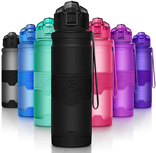 ZOUNICH Trinkflasche Sport BPA frei Kunststoff Sporttrinkflaschen für Kinder Schule, Joggen, Fahrrad, öffnen mit Einer Hand Trinkflaschen Filter, Schwarz, 17oz/500ml