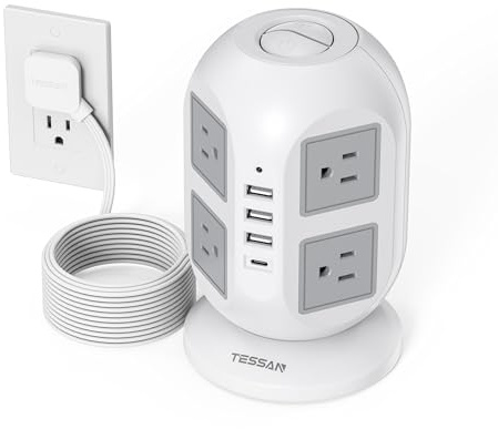 TESSAN Tower Surge Protector Power Strip 10 ft, Long Flat Extension Cord with Multiple Outlets, 8 AC Outlets with 4 USB Ports (1 USB C), Charging Station with Surge Protection, for Home Office Dorm