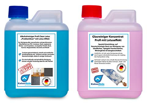 KaiserRein Glasreiniger Konzentrat mit Lotuseffekt 0,5 L (500ml) und Alkoholreiniger Profi Clean Lotus mit Lotuseffekt/Abperleffekt Konzentrat 500 ml SET