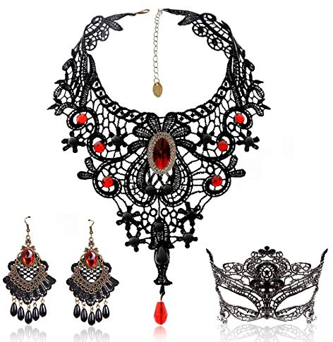 BagTu Schwarze Spitze Halskette und Ohrringe Set Gothic Lolita Red Anhänger Halsband für ein Halloween-Kostüm und Hochzeit