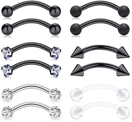 Mayhoop Augenbrauenpiercings Curved Barbell mit Kugeln CZ 16G Chirurgenstahl Schwarz Silber Rook Cartilage Conch Daith Knorpelpiercing Bauchpiercing Banane Piercing 6 Stile 12Stk