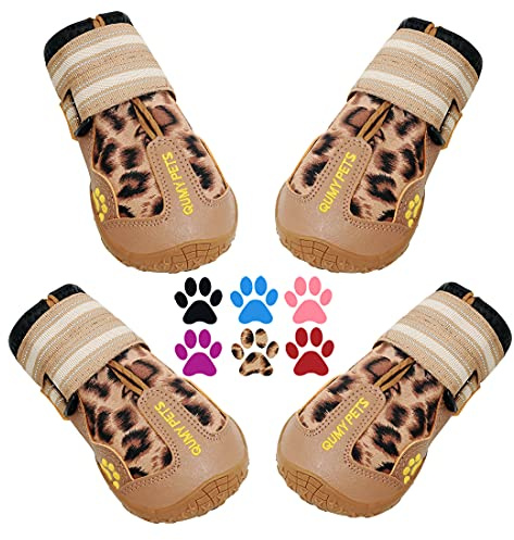 QUMY Bottes imperméables pour chiens avec sangles réfléchissantes et semelle antidérapante robuste - 4 pièces - Noir (Pointure 2 : 6,1 x 4,3 cm (L x l), léopard)
