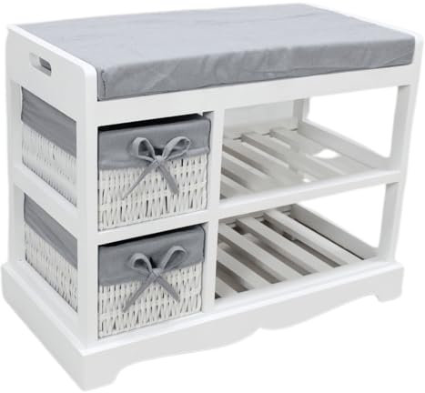 Home Source Wooden Hallway Bench, White 2 Basket 2 Shelf Storage Unit, Grey Cushioned Top, Paulownia Wood