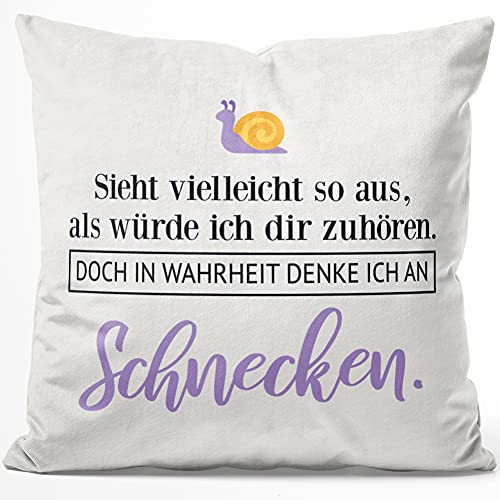 JUNIWORDS Kissen, Sieht vielleicht so aus, als würde ich dir zuhören. Doch in Wahrheit denke ich an Schnecken (1001511), 40 x 40 cm, Flauschig Samtweich Weich
