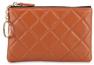 DORIS&JACKY Petit porte-monnaie matelassé en cuir d'agneau souple avec fermeture éclair sur le dessus et porte-clés, marron, Style 1