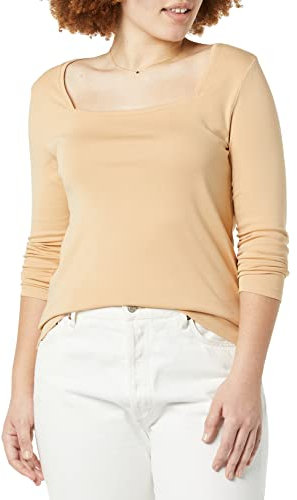 Amazon Essentials Women's Slim-Fit Long-Sleeved Square Neck T-Shirt, Light Camel, XL