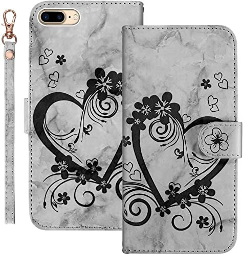 AOSBUTURY Handyhülle Tasche Book Cove für iPhone 7 Plus/iPhone 8 Plus (5.5 Zoll) Hülle Blume Liebe Herz Muster Marmor PU Leder Klapphülle Brieftasche Schutzhülle Etui Flip Case,Schwarz