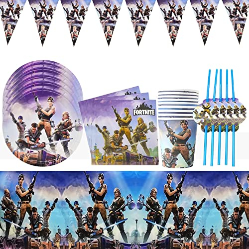 52 Pcs Vaisselle de Fête de Jeu Vidéo,Ensemble de Fourni de Fête de Jeu,Gaming Party Vaisselle Decoration Table,Assiette Fetable Anniversaire Garcon, Party Vaisselle Tasses Nappe Coupe Bannières.