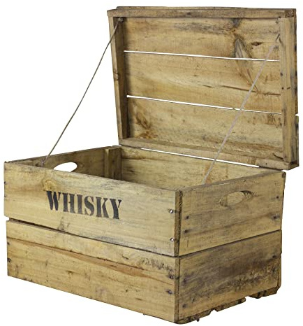 Truhenking Alte Holztruhe mit Deckel und Aufdruck Whisky versch. Größen XS-XXL (42x27x25cm)