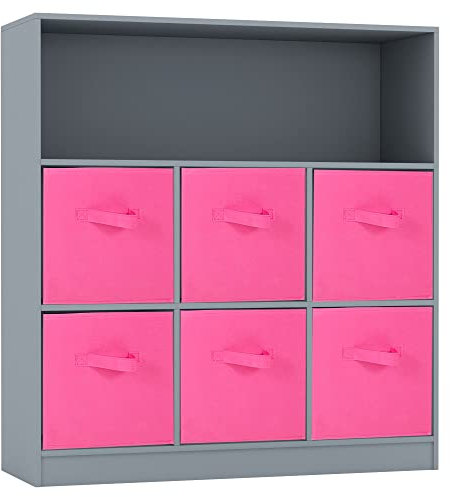 URBNLIVING Wooden Wide 7 Cubed Cupboard Bookcase Storage Units Shelves 6 Drawers Baskets (Dark Pink Drawer, Grey Bookcase)