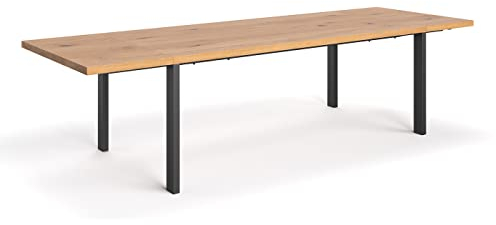 Danzz Ramme ausziehbarer Esstisch 140x80 cm mit 60 cm Verlängerungen, Tisch aus massiver Eiche, handgefertigtes Eichenholz, Massivholz, Stern- Fuß Metallgestell, Esstisch in Naturfarbe