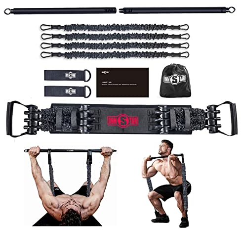 INNSTAR Portable Home Gym, Verstellbares Widerstandsband mit Stange und Kniebeugen-Bändern für Heimtraining, Bankdrücken Brusttrainer Resistance Band Set für Brust, Arm, Beintraining (Men|200LBS)