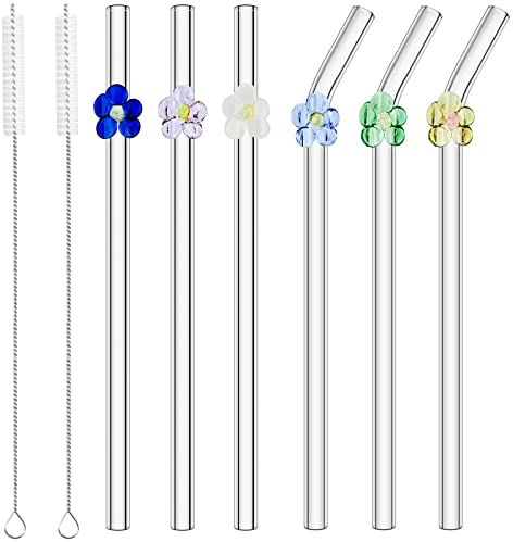 Cokeesun 6 PCS Glass Straws Reusable Drinking Straw 20cm Clear Glass Straw with Colorful Flowers and 2 Cleaning Brushes for Drinks Cocktails Smoothies Milk Coffees Juices (Straight+Curved)