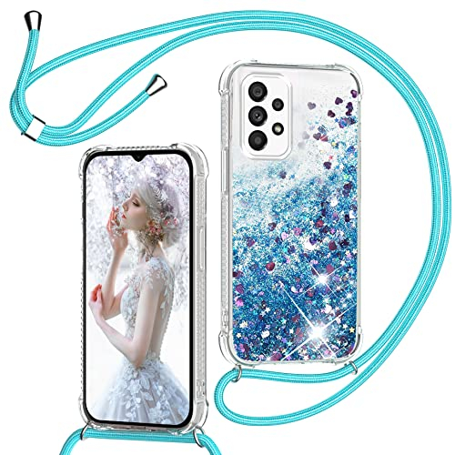 TUUTPU Handyband für Samsung Galaxy A52S 5G/A52 5G/4G Hülle mit Band, Glitzer Treibsand Handyhülle mit Kordel zum Umhängen Transparent Stoßfest Schutzhülle mit Kette Schnur, Necklace Case in Blau