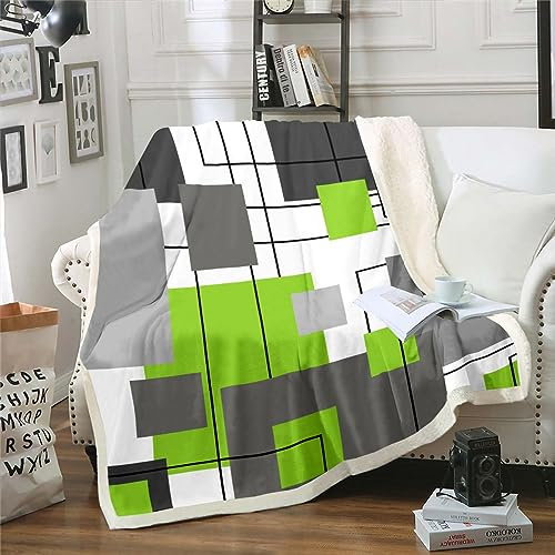 Coperta in pile con motivo geometrico grigio e verde lime, per letto e divano, 152,4 x 203,2 cm, colore nero, grigio, bianco, geometria, quadrata, per bambini e ragazzi, coperta in pile a righe