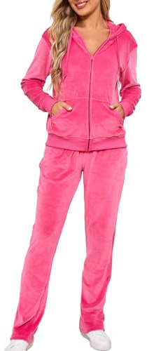 Aitmoask Velour Track Suits for Women Set Fall Sweatsuits 2 Piece, A-hot Pink, Medium