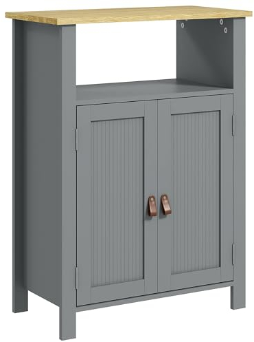 kleankin Meuble Bas de Salle de Bain Multi-rangements Grande Niche Placard Double Porte avec étagère réglable en Hauteur Gris et Naturel