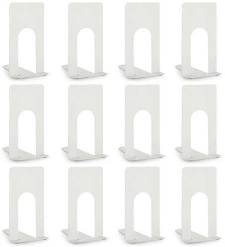 Anhow 6 Paar Buchstütze, Anhow Buchstützen Metall Hochwertiges Bücher Halterung Regal für Kinder, Schule, Bibliothek - Weiß /12 Stück (69 x 100 x 130 mm)