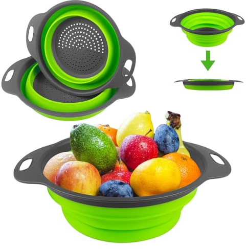 Newpop 2 Pièces Passoire Cuisine Pliable - 2 Tailles, Retractable, Facile À Nettoyer - En Silicone Pour Pâtes et Légumes, Panier À Vapeur (Vert 25+29cm)