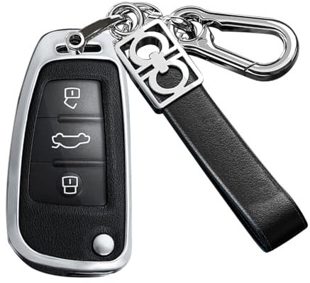 ontto Flip Klappschlüssel Hülle Fit für Audi A1 A3 A4 A6 A8 Q2 Q3 Q7 S3 S6 R8 TT TTS RS3 RS6 Schlüsselanhänger Autoschlüsselhalter Metallrahmen Schlüsseljacke Leder Schlüsseltasche Vollschutz Schwarz