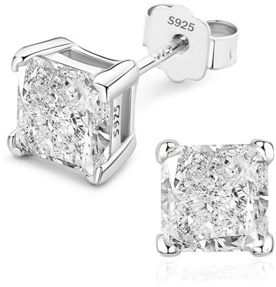 Sterling Silver Stud Earrings for Women, Princess Cut 6MM (2.5Ct/Pair) 5A Cubic Zirconia CZ Stud Earrings for Men Hypoallergenic, Jewelry Gifts for Birthday Christmas