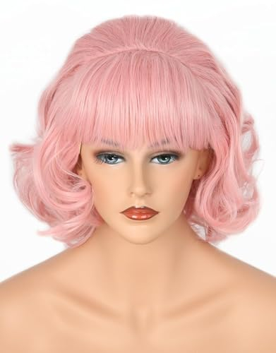 LeMarnia 50er Jahre Damen Perücke Rosa Frenchie Perücke Vintage Bob Curly Perücke Halloween Kostüm Perücke