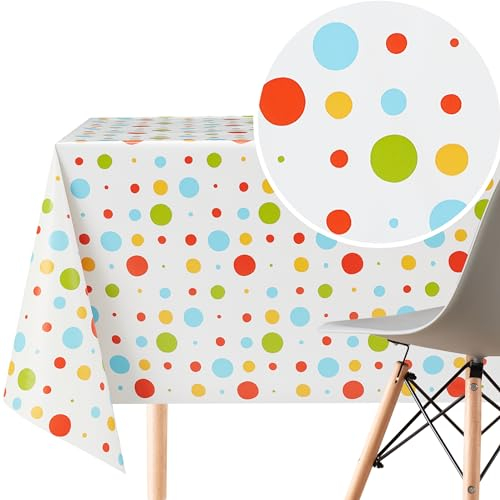 KP HOME PVC Wachstuchtischdecke Rechteckig 300x140 cm - Abwischbare Tischdecke Wasserdichtes für 10 Personen - Vinyl Tischtuch, Tischdecke Kunststoff Buntes Polka-Dot-Muster für Kinder