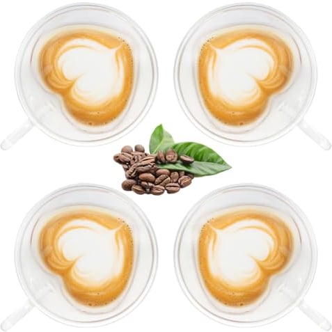 Gohytal Double Walled Coffee Glasses Mugs, 4x250ml Heart Cappuccino Latte Macchiato Glasses Cups/w Handle, Heat Resistant Glasses for Coffee Tea Milk Juice Ice Cream, Clear Mug for Hot & Cold Drink