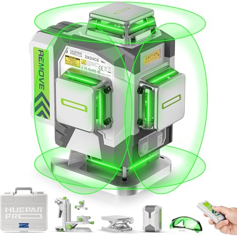 Huepar Pro Livella Laser Autolivellante Professionale 16 Linee, 4 X 360° Livello Laser Verde, Preciso Con Batteria agli Ioni di Litio da 8000mAh, Supporto Multifunzione e Custodia Rigida ZK04CG