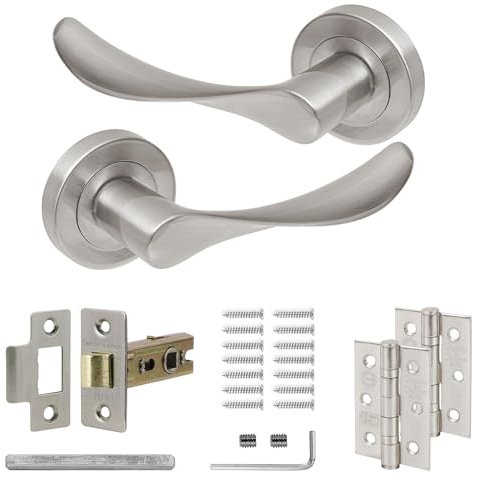 Decoranddecor Brushed Chrome Door Handle Levers Aluminium Alloy Handles Lever with Fixings and Accessories (Latch and Hinge Kit)