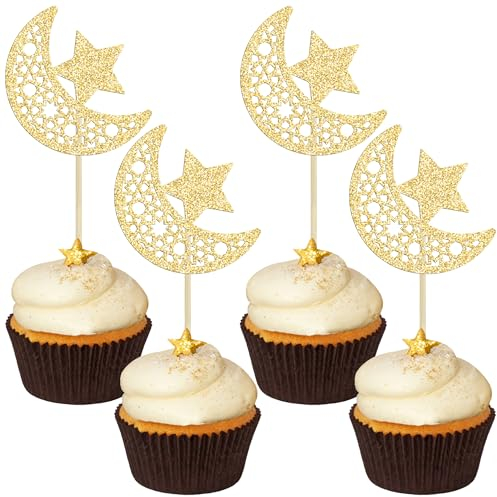 Gyufise 24Pcs Moon Star Eid Mubarak Cupcake Toppers Gold Glitter Ramadan Kareem Cupcake Picks for Eid Islamic Muslim Theme Party Cake Decorations Supplies