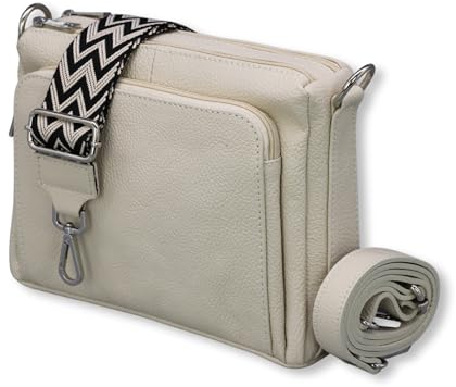 ADEL Umhängetasche Damen Echtes Leder Becky Handgemachte Crossbody Bag 5 Fächer Schultertasche mit Ledergurt + Breitem Gemustertem Riemen Verstellbarer Gurt Made in Italy (Beige)
