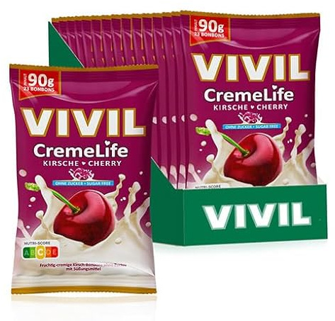 VIVIL Creme Life Kirsche, zuckerfreie Sahnebonbons, 15 x 90 g, glutenfrei | Cremiger Genuss mit echter Schlagsahne, Familienpackung für Zuhause und Büro