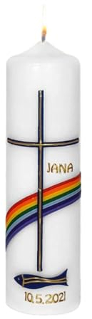 Wiedemann Kerzen Taufkerze Tischkerze 220 x Ø 60 mm in Weiß Kreuz, Regenbogen, Fisch und Namensverzierung