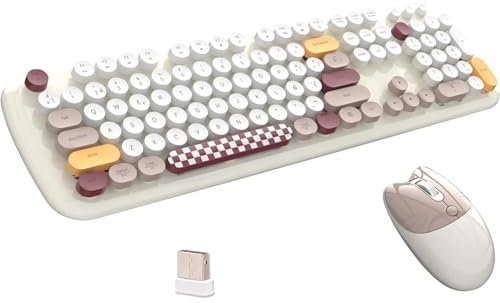 Zienstar-Pack de Teclado y Ratón Inalámbrico Español,Tecla Redondas Retro Vintage,Multicolores -Marfil