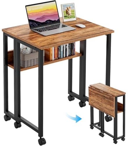 GreenForest Folding Desk 63 cm with Storage Shelf and Wheels, Brown