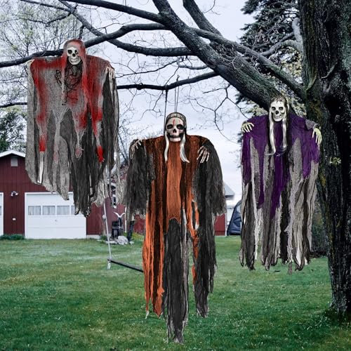 Halloween Deko Outdoor, 3 Stück Skelett Halloween Dekorationen, EIN 120 cm Skelett Lebensgroß, Zwei 77cm Grim Reaper, Hängende Skeletts Geister für Halloweens Deko Garten, Innen, Party, Spukhaus