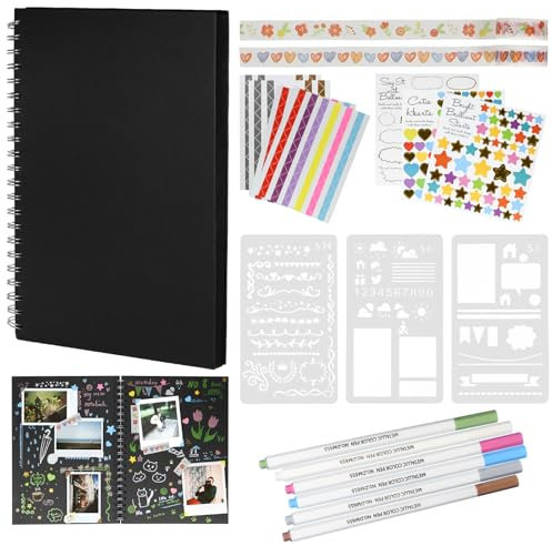 100 Pagine Nere Album Fotografici Vuoto a Spirale, 29x21cm Album Fotografico da Progettare e Incollare da Solo, Scrapbooking con Penne Stencil Adesivi Angoli per Foto Fai da Te